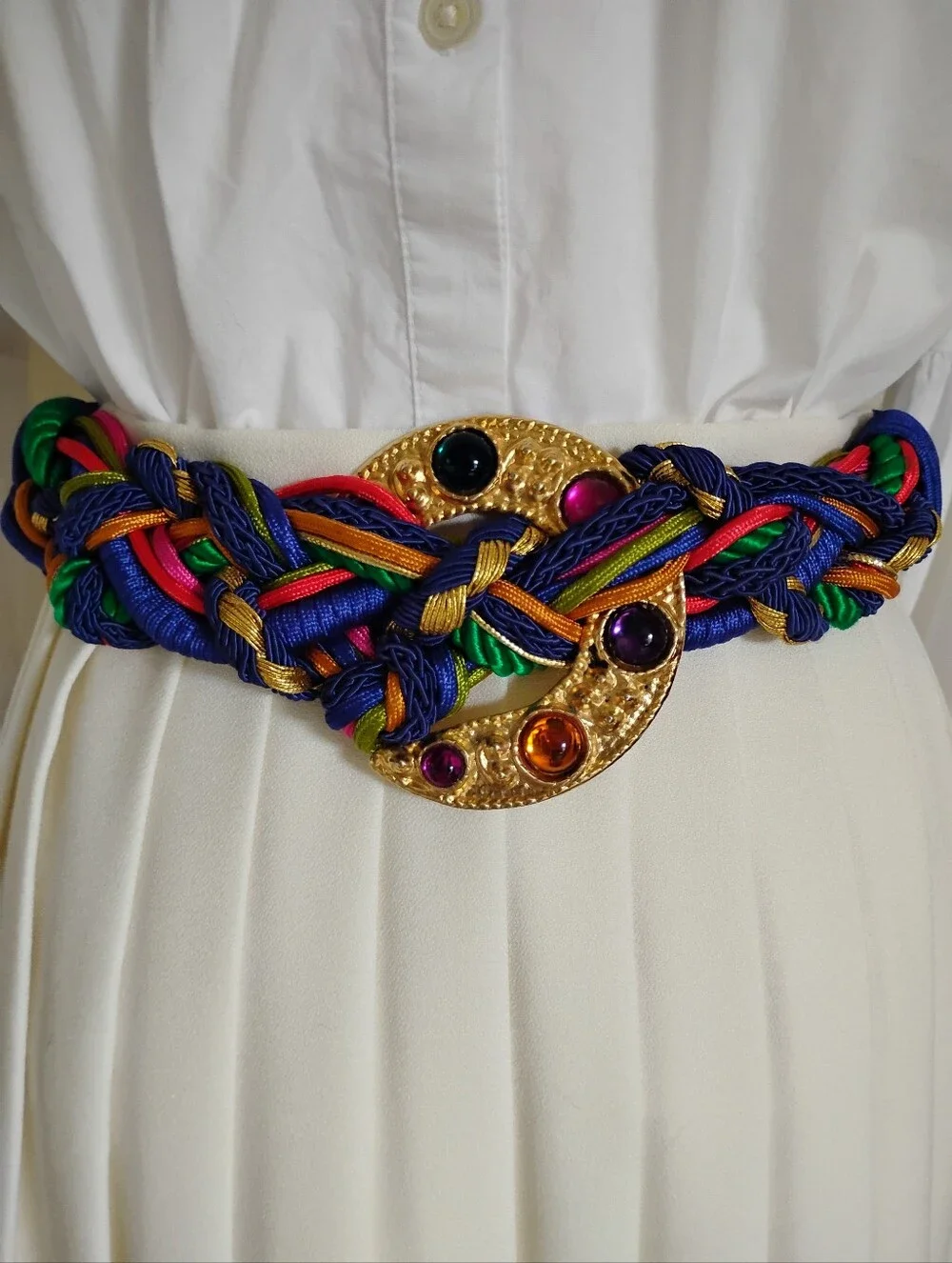 1980's Braided Mixed Media Belt Purple Gold Colorful Adjustable Sizes